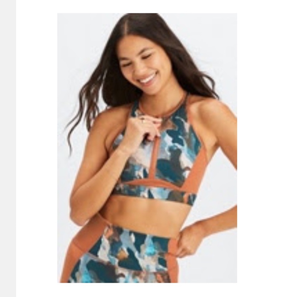 Fabletics Zip Up Midi Swim Top in Paintbrush Camo/Sequoia